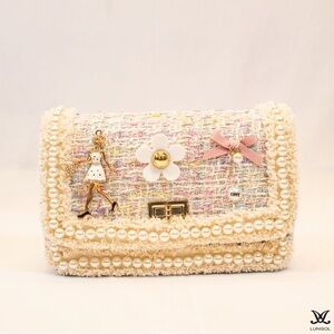 Emma Mini Cream Tweed Bag with Pearl Accents